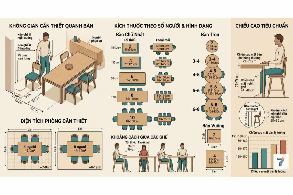 Kích Thước Bàn Ăn Chuẩn Theo Số Người & Không Gian Phòng Ăn (2026)