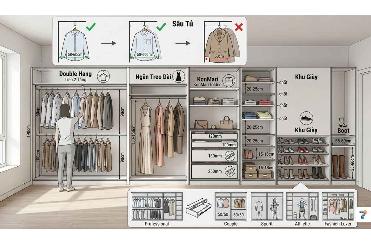 Kích Thước Tủ Áo Chuẩn & Cách Thiết Kế Ngăn Chứa Bên Trong (2026)