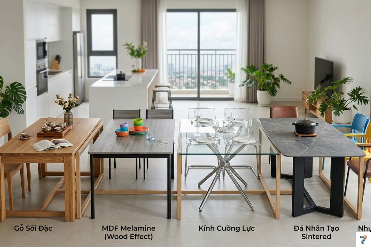Vật Liệu Bàn Ghế Ăn: So Sánh Gỗ Tự Nhiên, MDF, Kính, Kim Loại (2026)